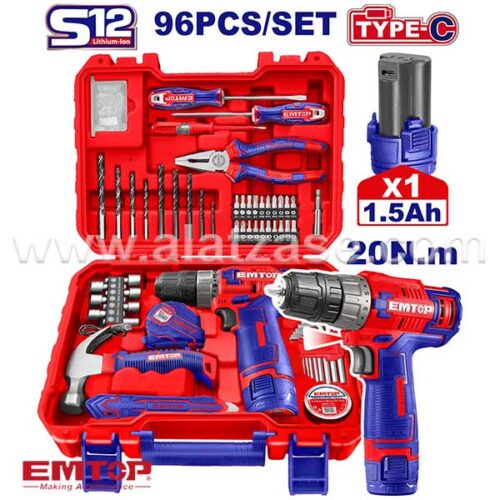 EMTOP EEDK09601 12V Аку. дупчалка-одвртувач во сет од 96 Алатки